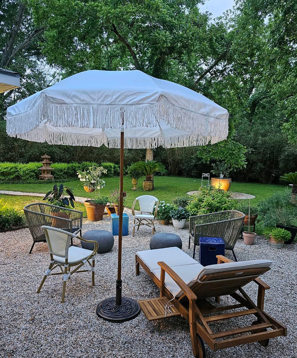 best patio umbrella for wind and sun Choice Products 9ft Fringe Market Boho Sunshade w/ Tilt, UPF50+ Enjoy more shade at the perfect angle as you adjust the canopy to block the sun all day long cantilever patio umbrella design 10FT