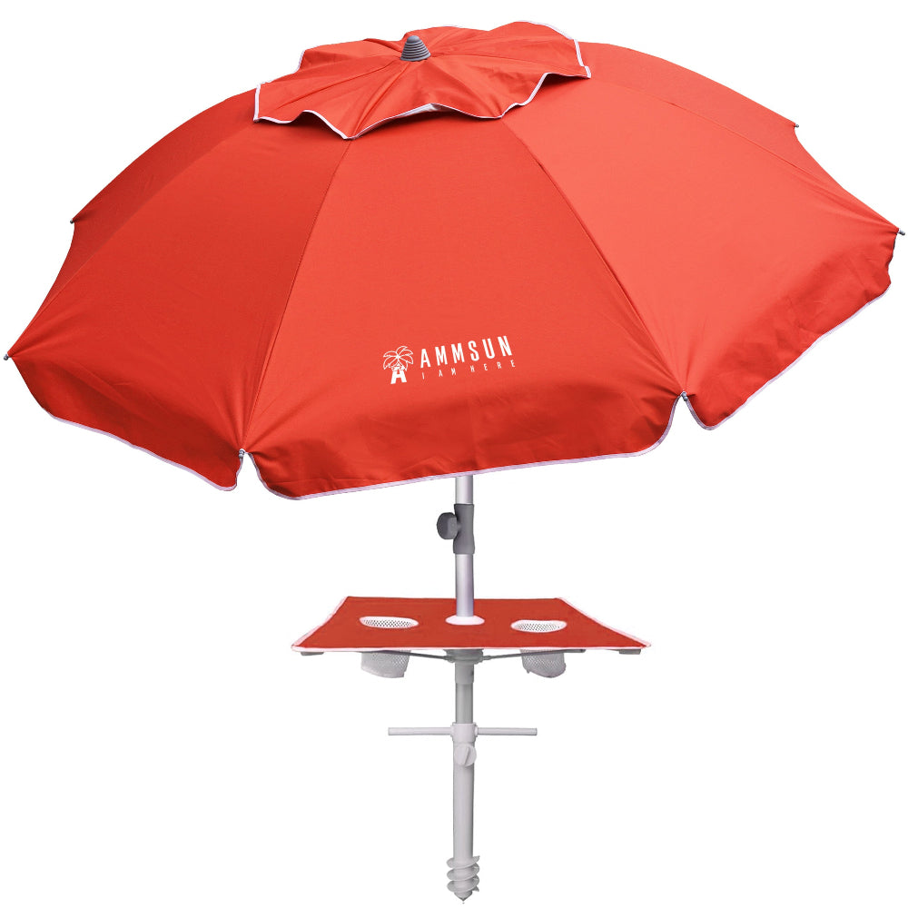 AMMSUN 7ft Beach Umbrella with sand anchor, Built-in Table,Solid Red ...