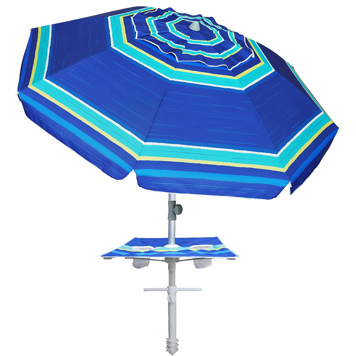 AMMSUN 7ft Beach Umbrella with sand anchor, Built-in Table Blue Stripe