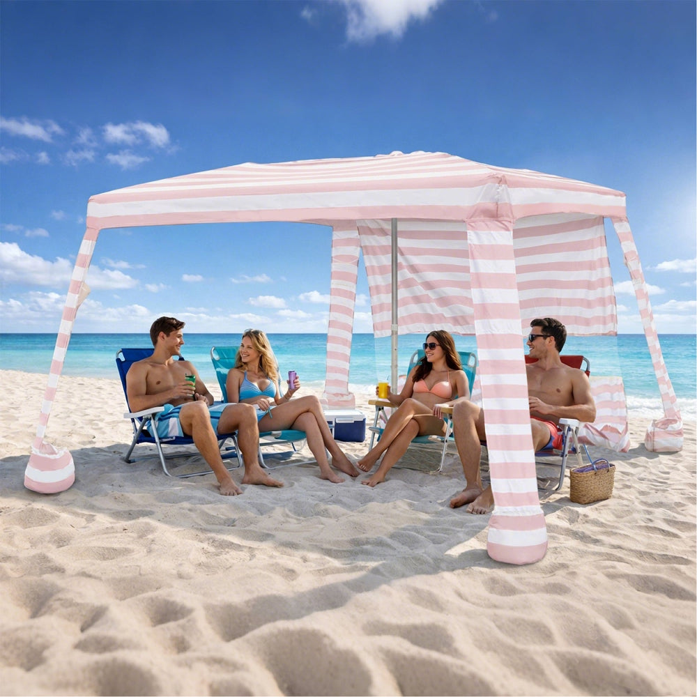 AMMSUN 8'×8' Portable Beach Cabana With Privacy Sunwall, Pink Stripes