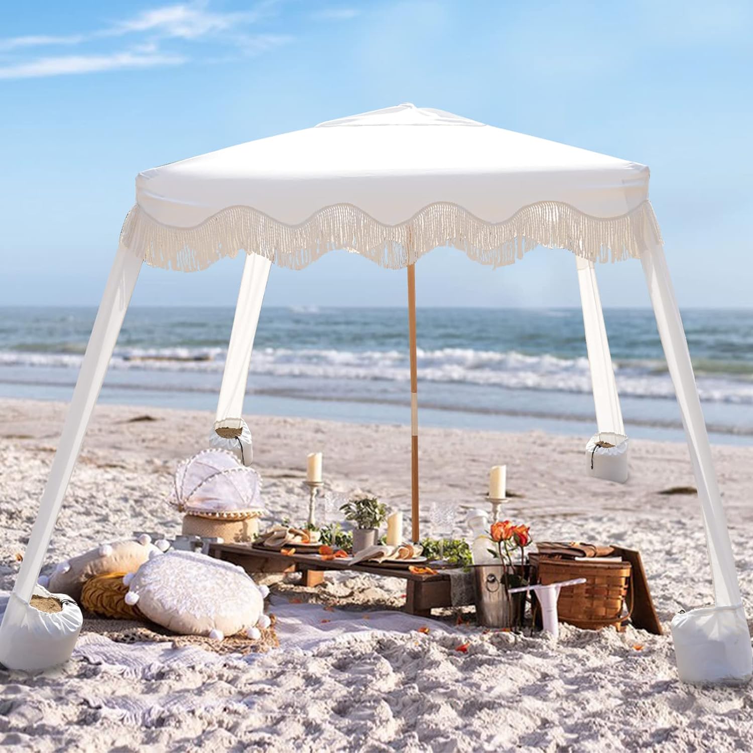 AMMSUN 6'×6' Bobo Beach Cabana with Fringe Elegant Fringe white