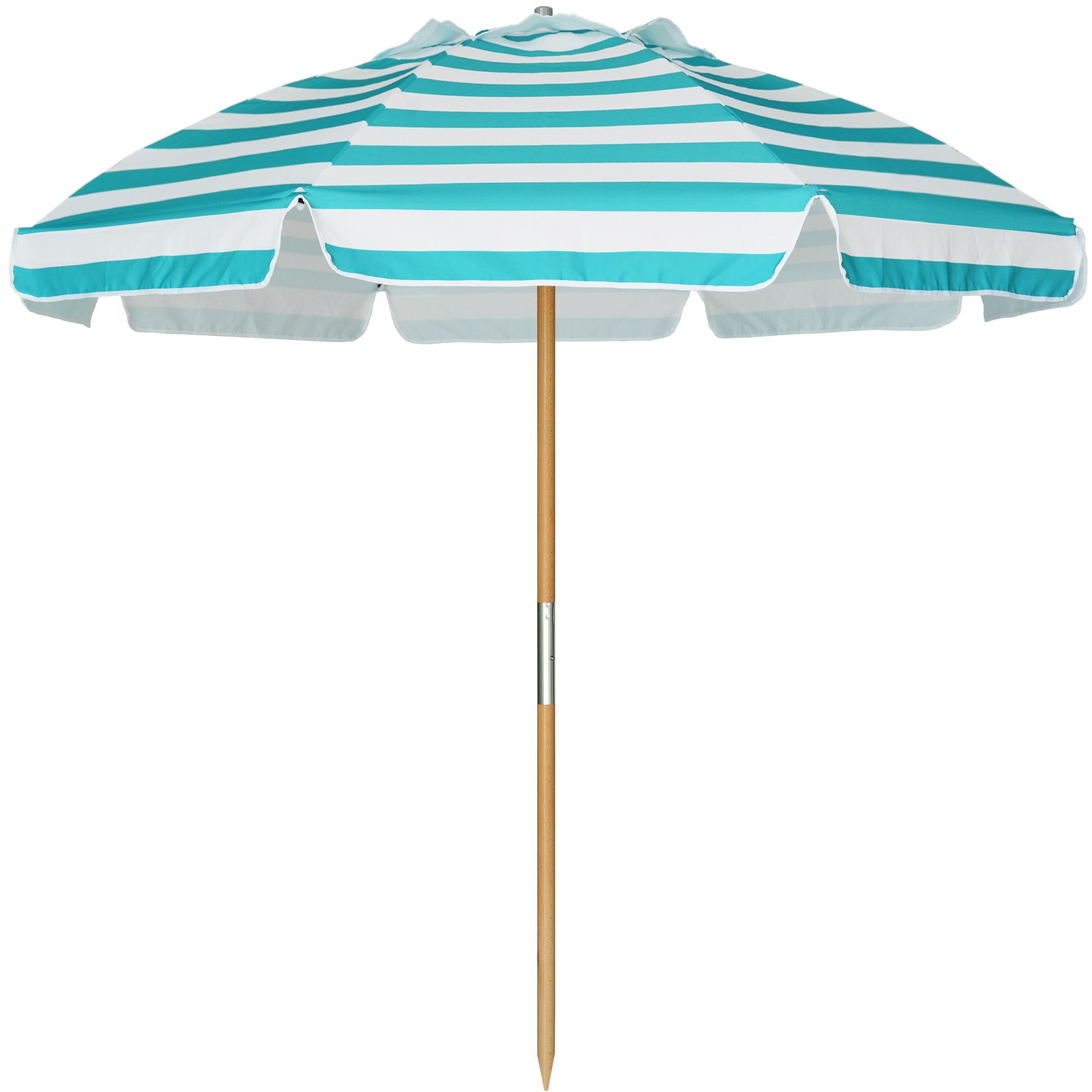 AMMSUN 7.5ft Heavy Duty HIGH Wind Beach Umbrella Commercial Grade Patio Beach Umbrella with Air Vent Ash Wood Pole & Carry Bag UV 50+ Protection Stripe Teal White