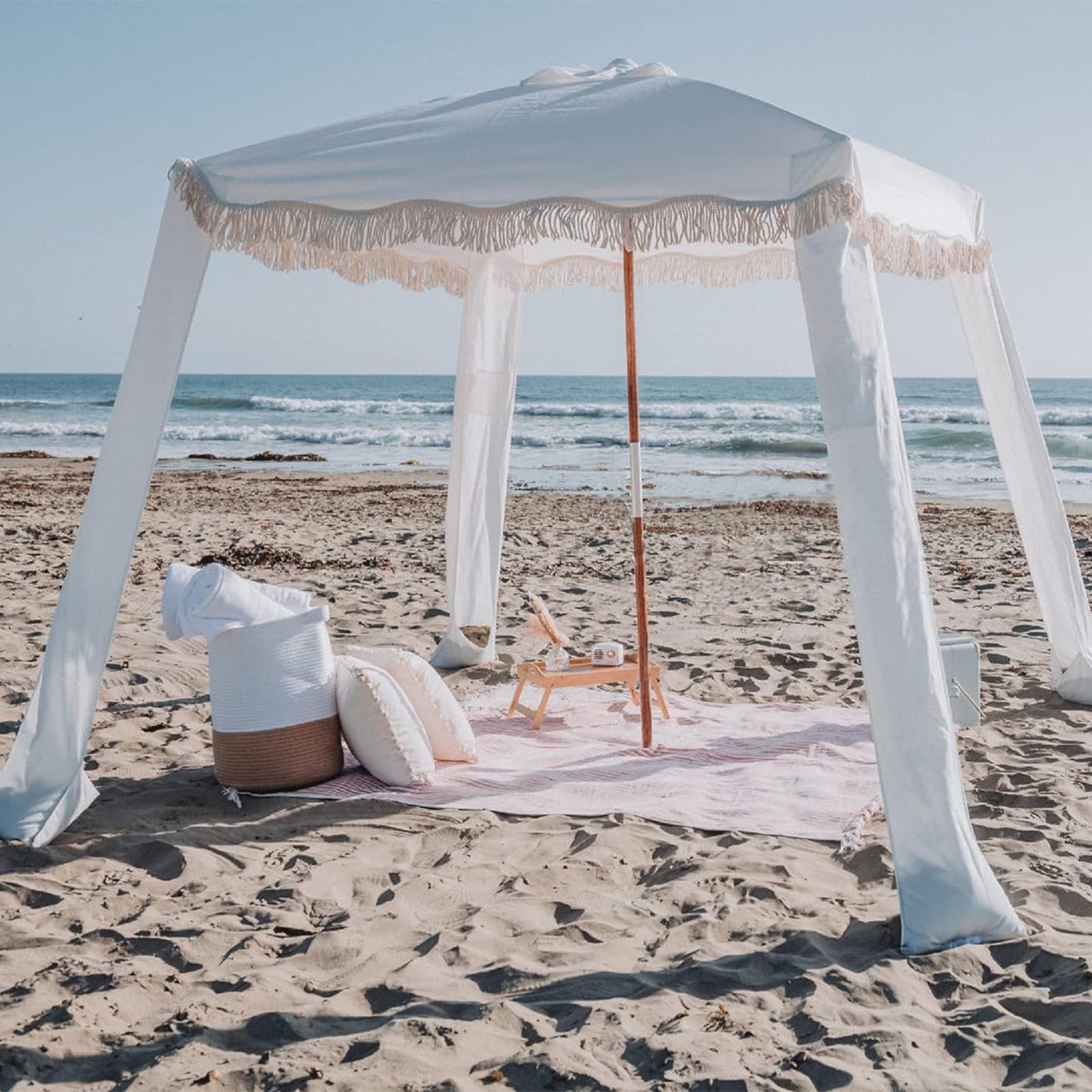 AMMSUN 6'×6' Bobo Beach Cabana with Fringe Elegant Fringe white