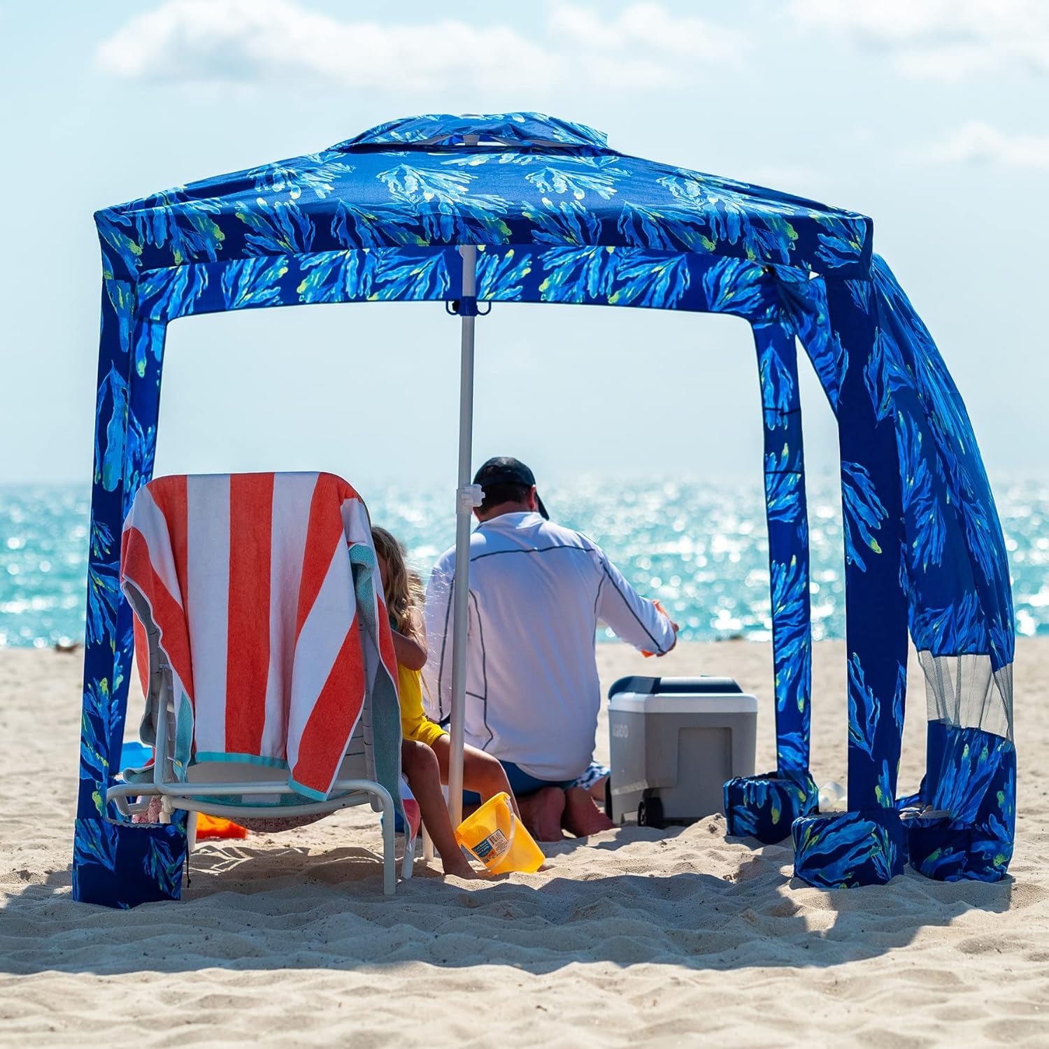 AMMSUN 6.2'×6.2' Beach Cabana With Privacy Sunwall Coral Tropical