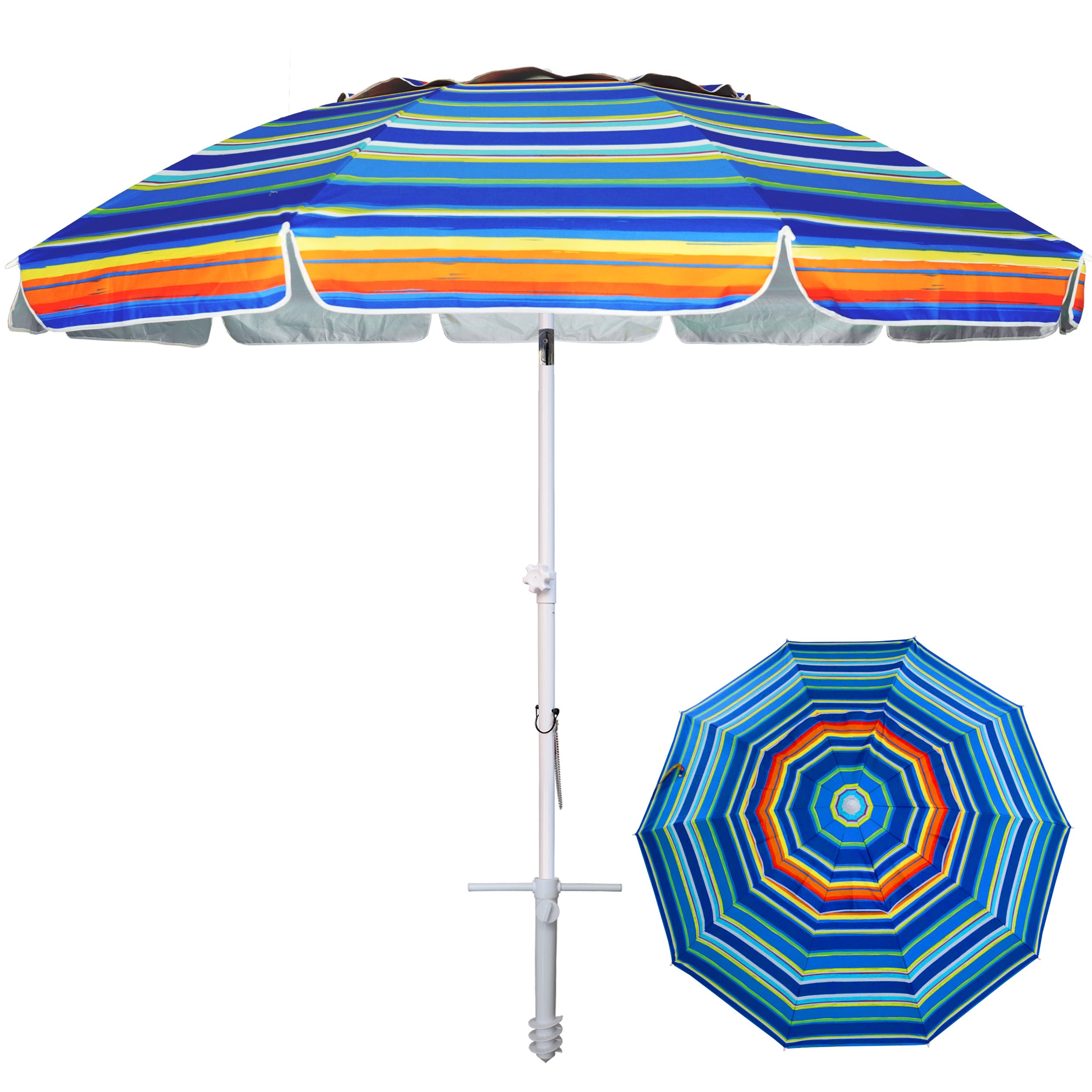 AMMSUN 8ft Large Beach Umbrella With Sand Anchor Red Blue Stripes
