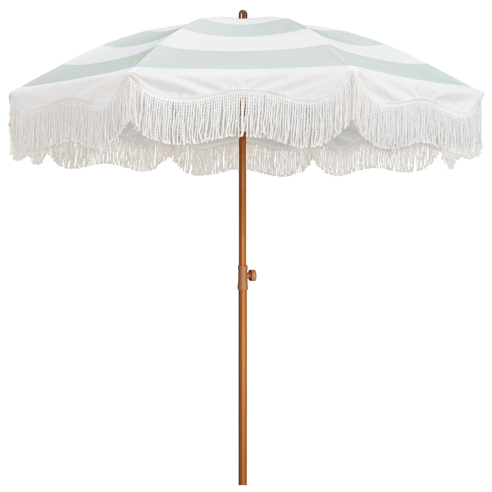 AMMSUN 6.5ft Boho Fringe Beach Umbrella,Vintage Green Stripes