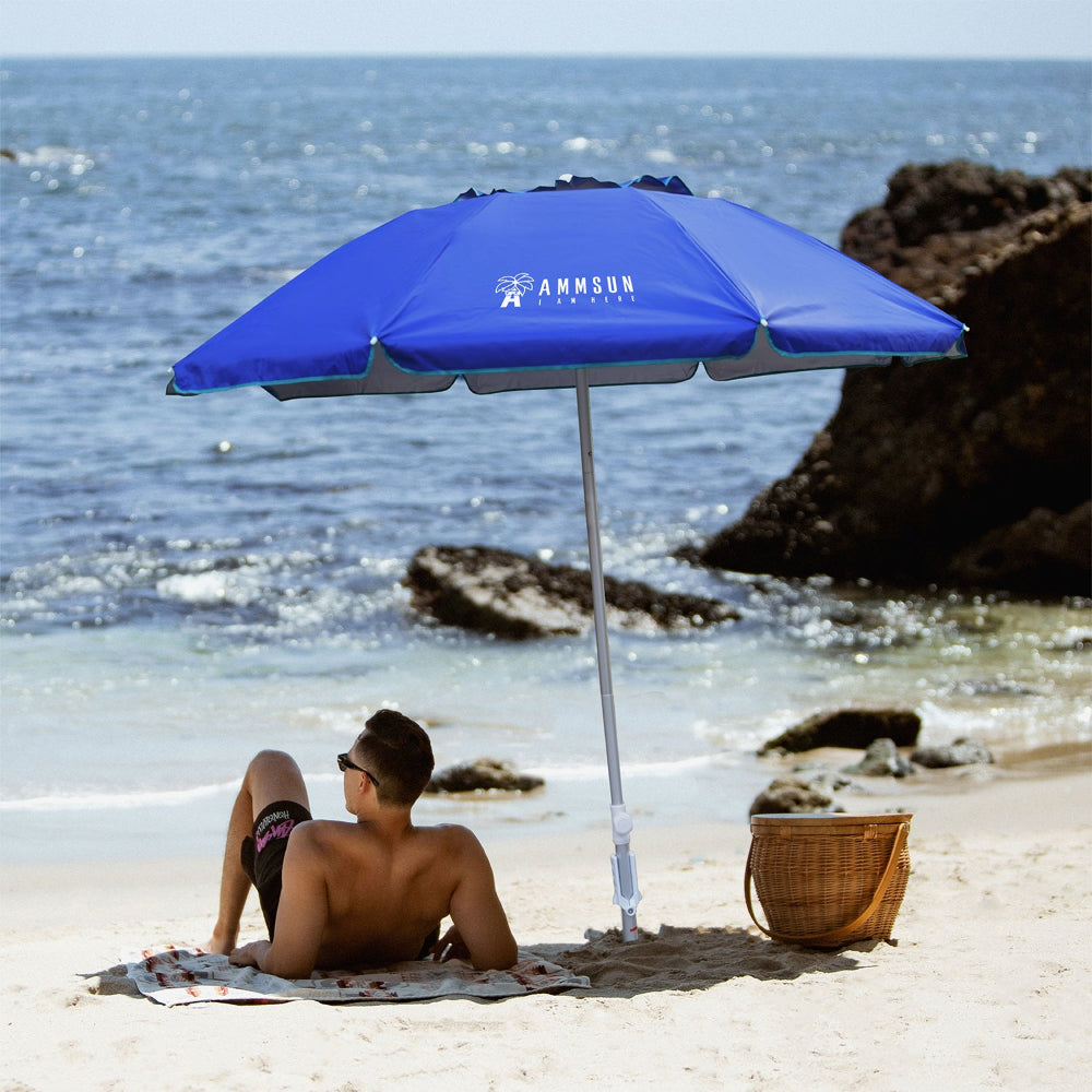 AMMSUN 6.5ft Travel Folded Beach Umbrella,Blue
