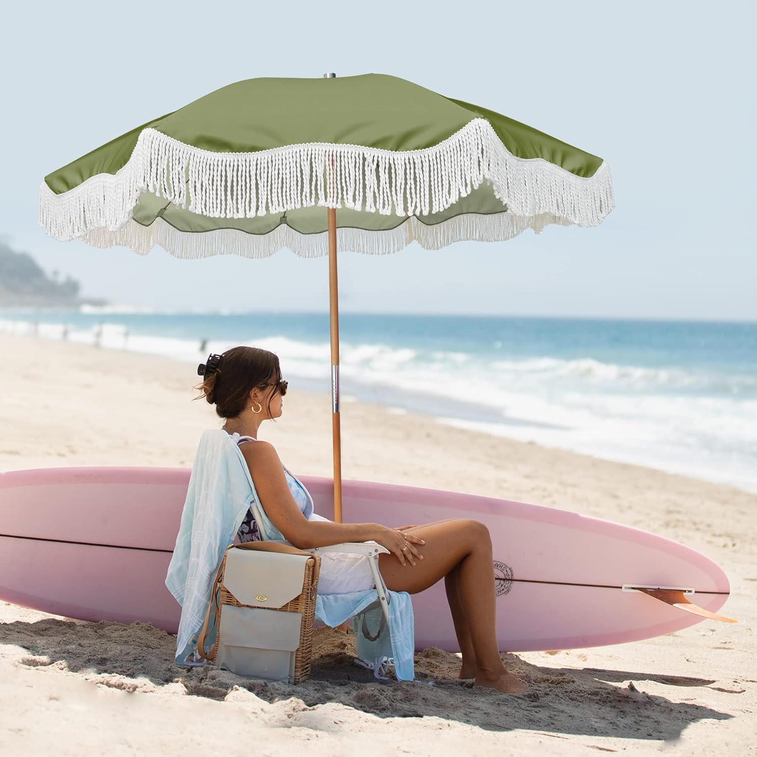 AMMSUN 6.5ft Boho Beach Umbrella with Fringe Sage Green