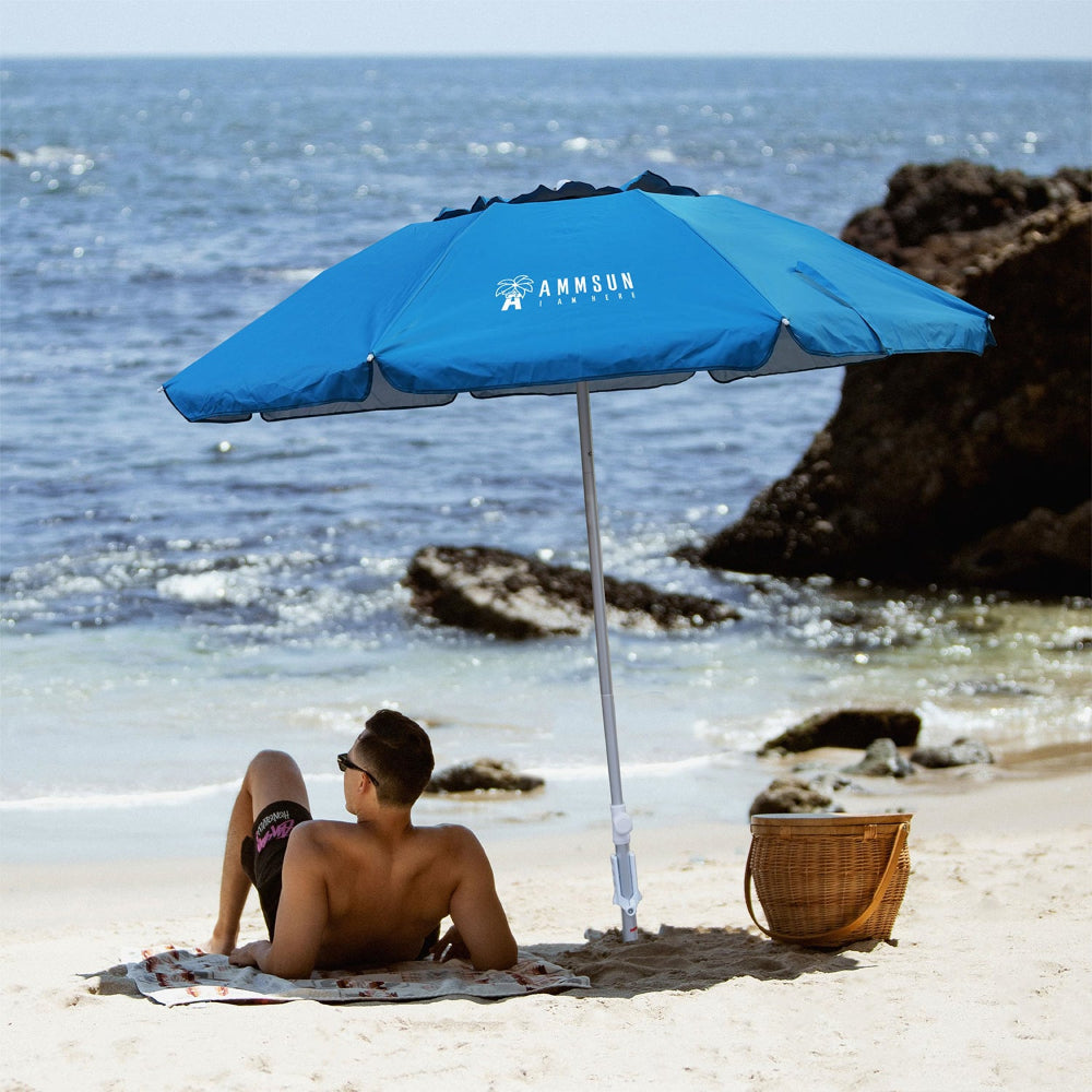 AMMSUN 6.5ft Twice Folded Portable Beach umbrella with Sand Anchor Windproof Tilt Pole Air vent UPF 50+ Protection Fits in a large Suitcase For