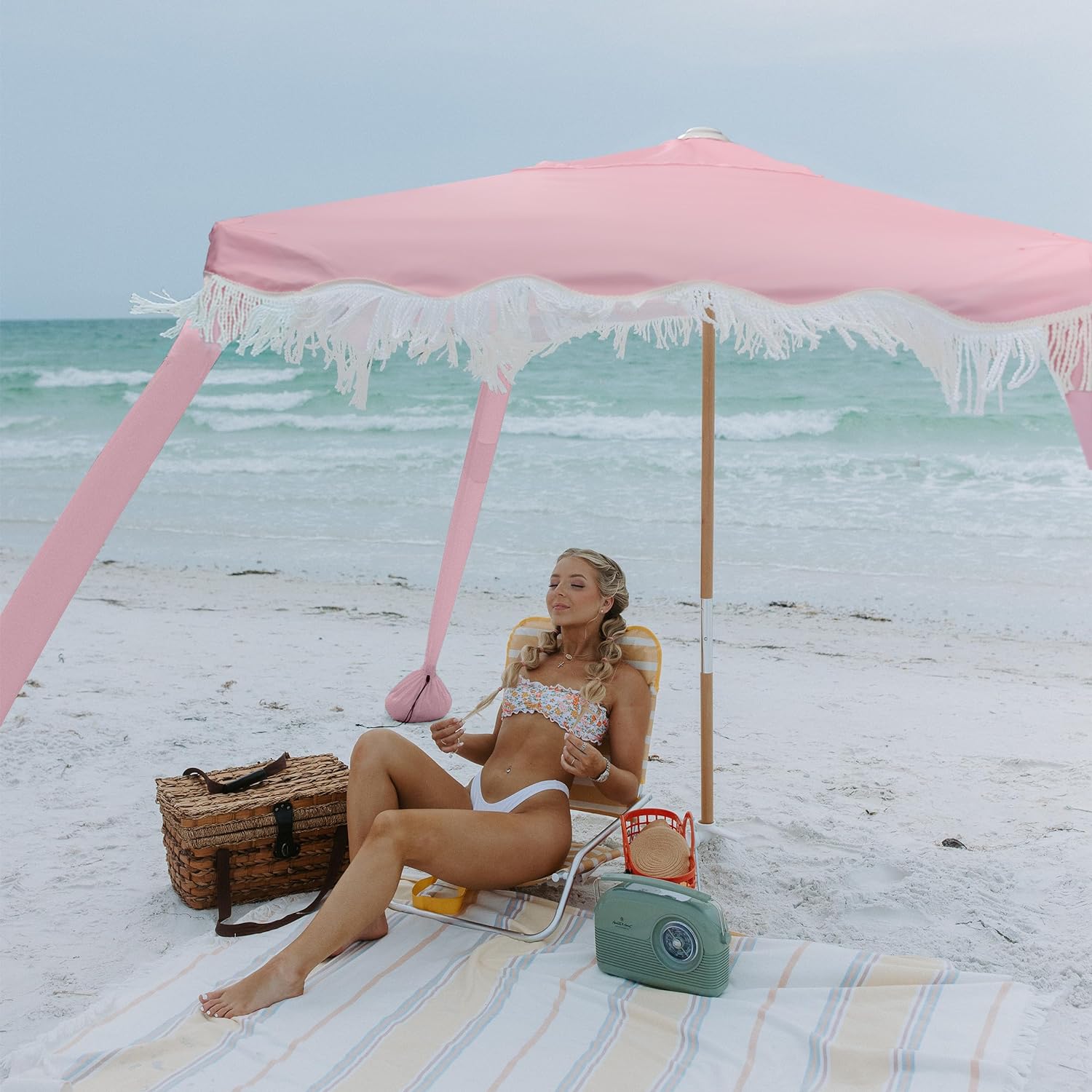 AMMSUN 6'×6' Bobo Beach Cabana with Fringe Gentle Pink