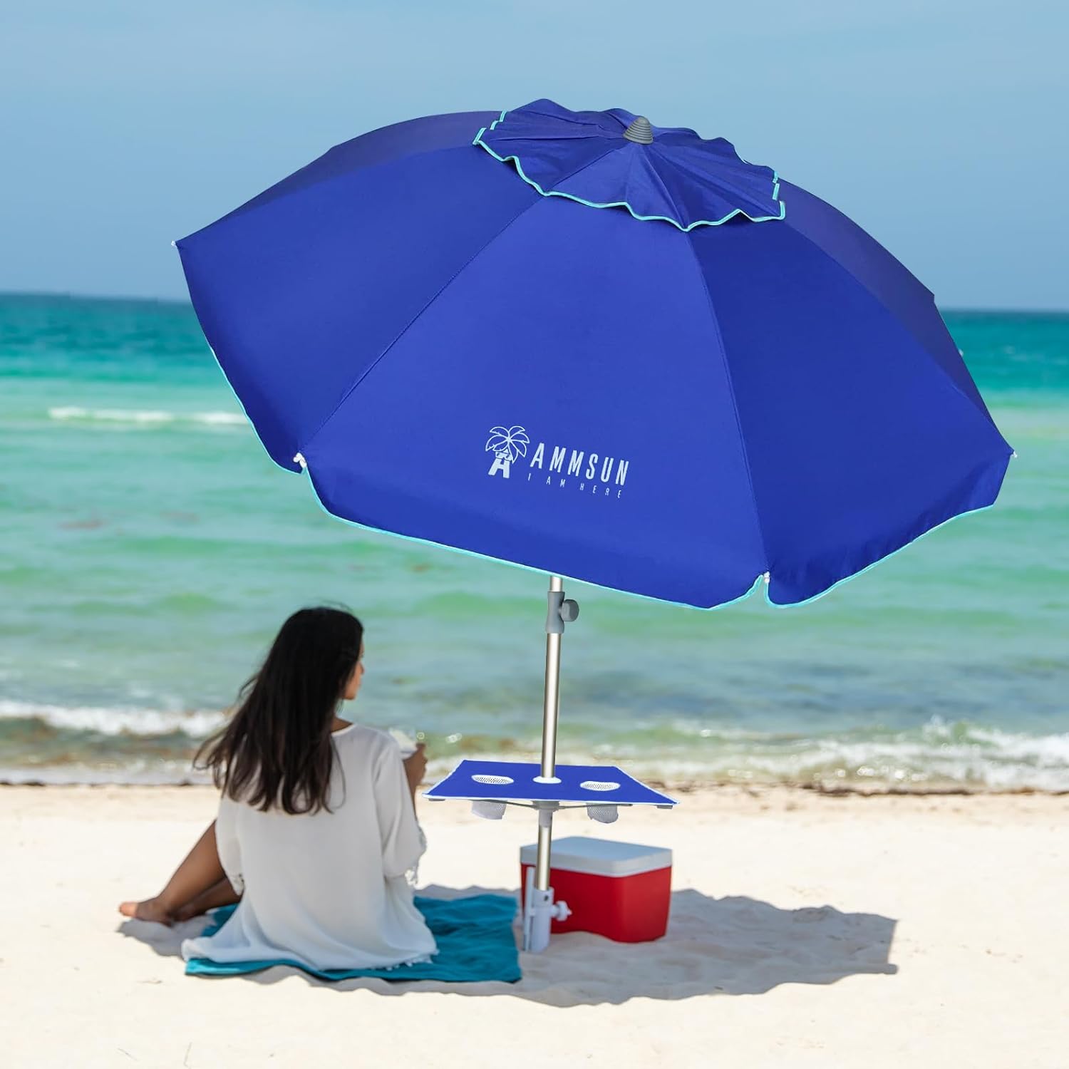 AMMSUN 7ft Beach Umbrella with sand anchor, Built-in Table Blue