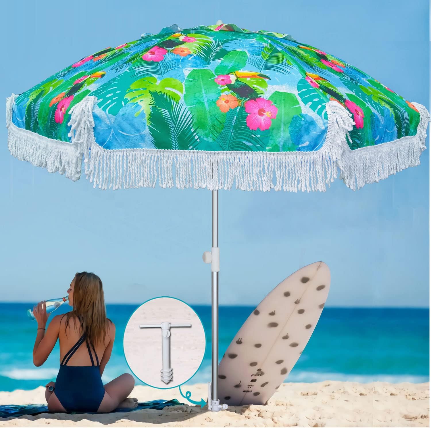 AMMSUN 6.5ft Heavy Duty HIGH Wind fringe Beach Umbrella