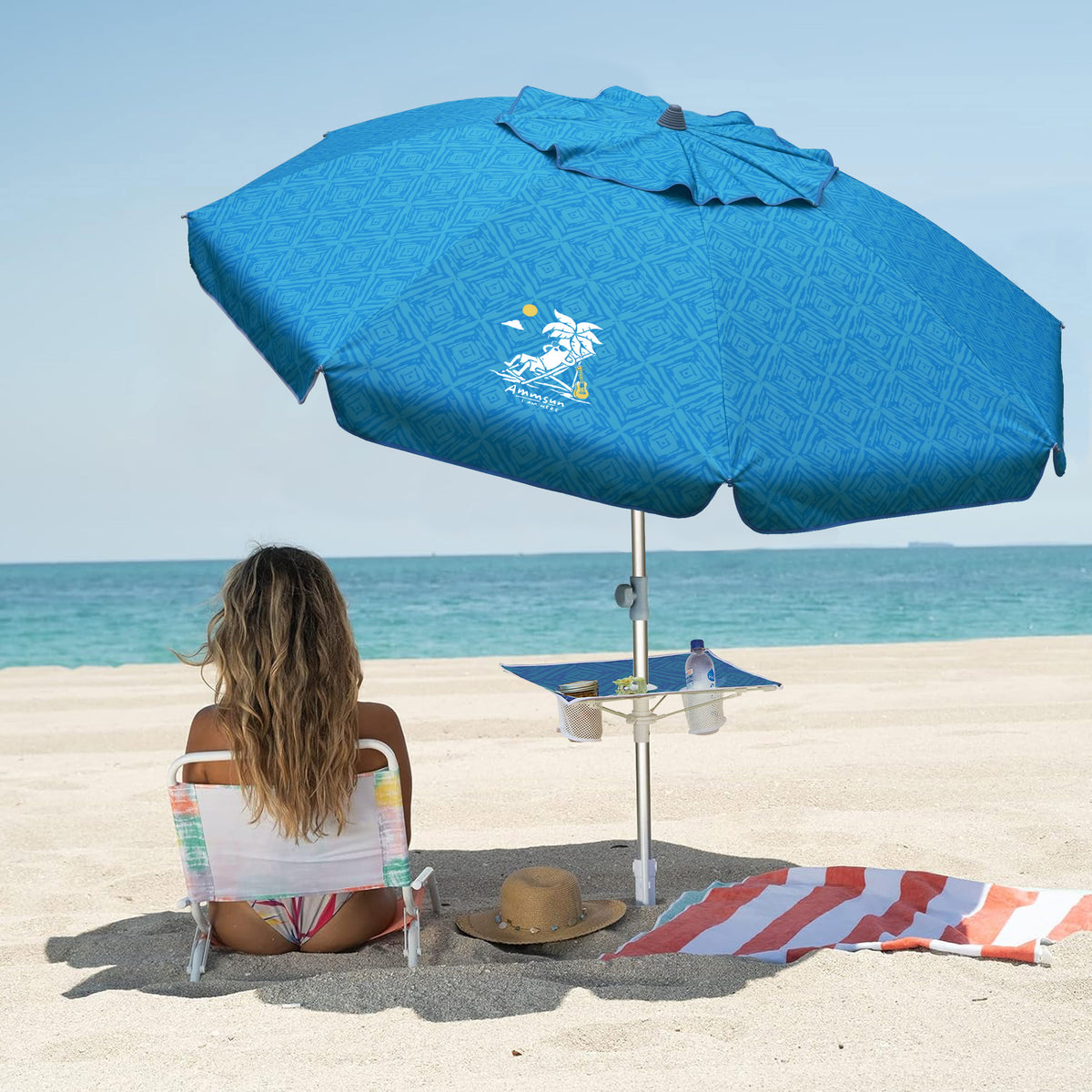 AMMSUN Beach Umbrella with Sand Anchor & Table Tray Sky Blue Paint | AMMSUN