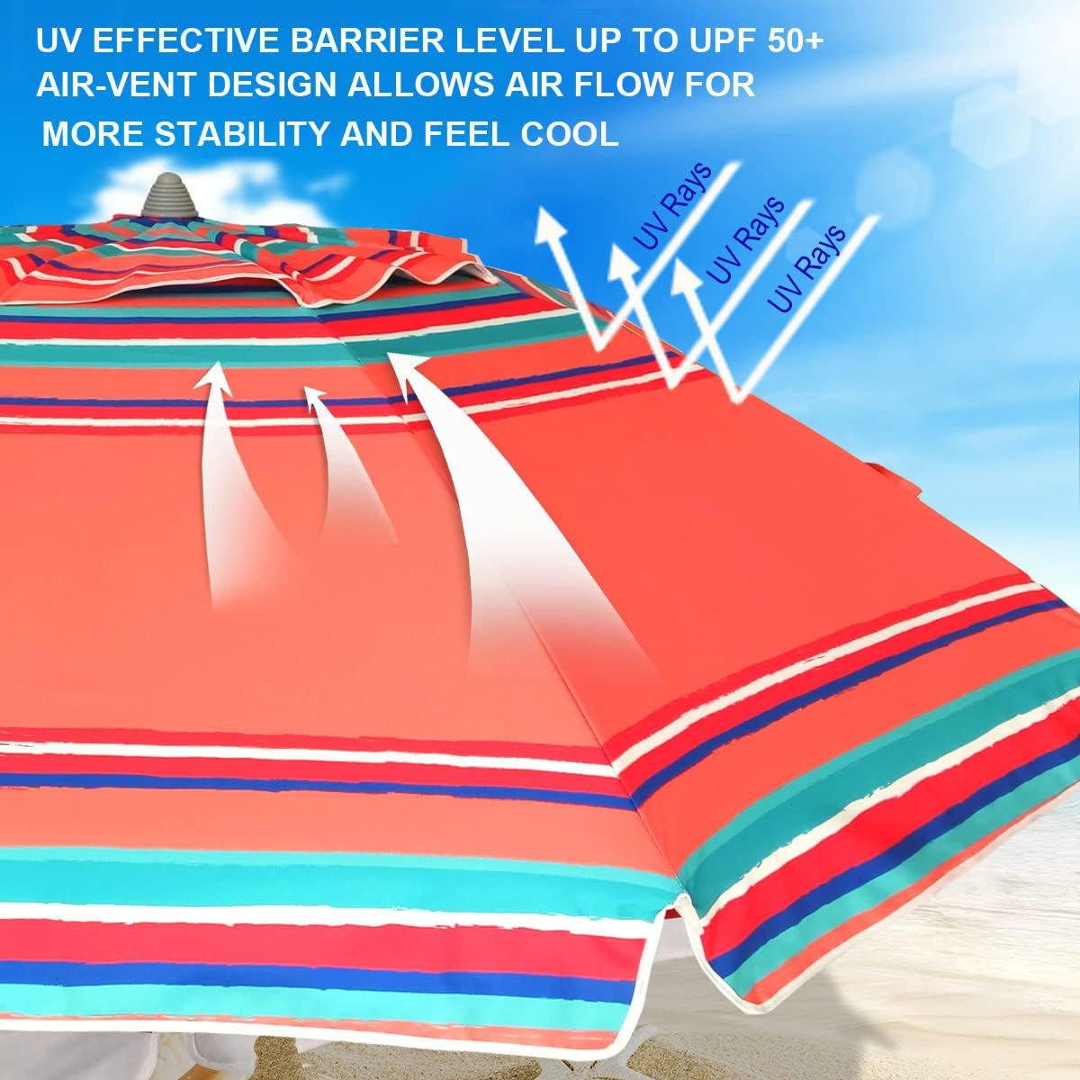 AMMSUN 7ft Heavy Duty HIGH Wind Beach Umbrella with sand anchor