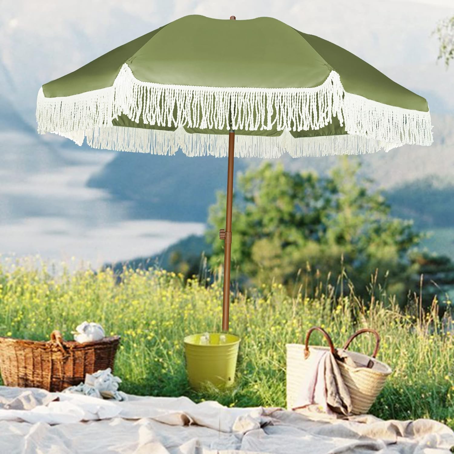 AMMSUN 7ft Patio Tassel Umbrella Sage Green