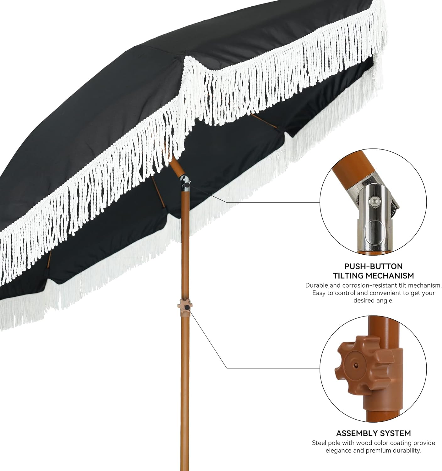 AMMSUN 7ft Patio Tassel Umbrella Noble Black
