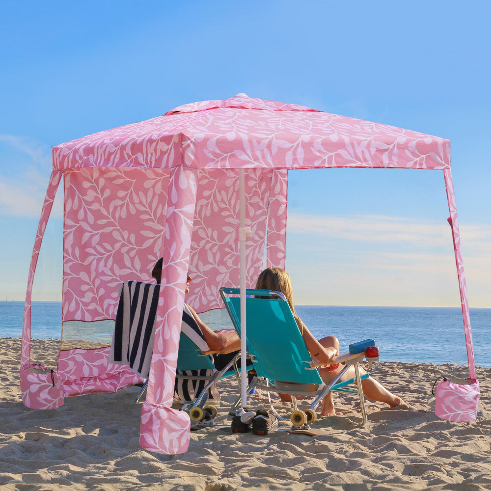 beach umbrella tents AMMSUN 6.5'×6.5' Beach Cabana With Privacy Sunwall,Pink Leaf