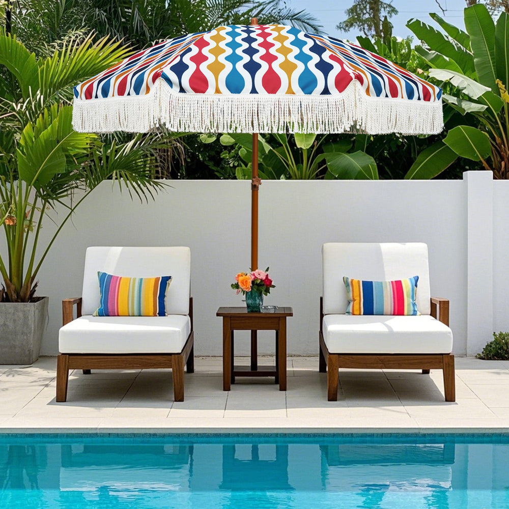AMMSUN 7ft Patio Fringe Umbrella, Wave Colorful