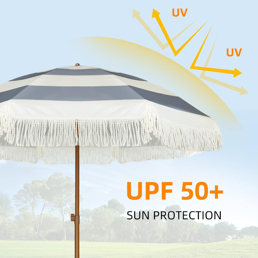 AMMSUN 7ft Patio Tassel Umbrella Gray Strips AMMSUN Beach Umbrella