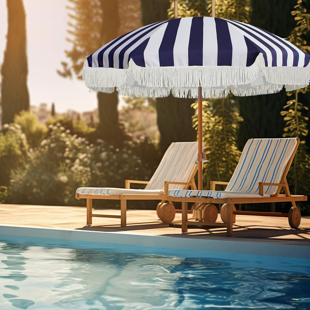 AMMSUN 7ft Patio Tassel Umbrella Blue Strips AMMSUN Beach Umbrella