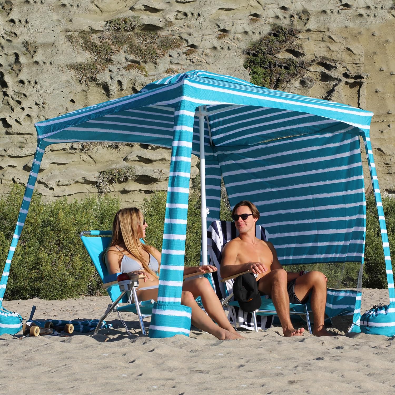 AMMSUN 6.2'×6.2' Beach Cabana With Privacy Sunwall Royal Turquoise