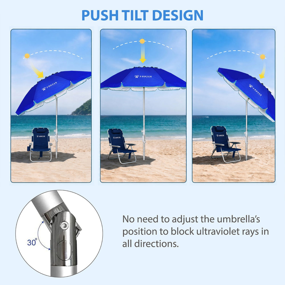 AMMSUN 6.5ft Travel Folded Beach Umbrella,Blue