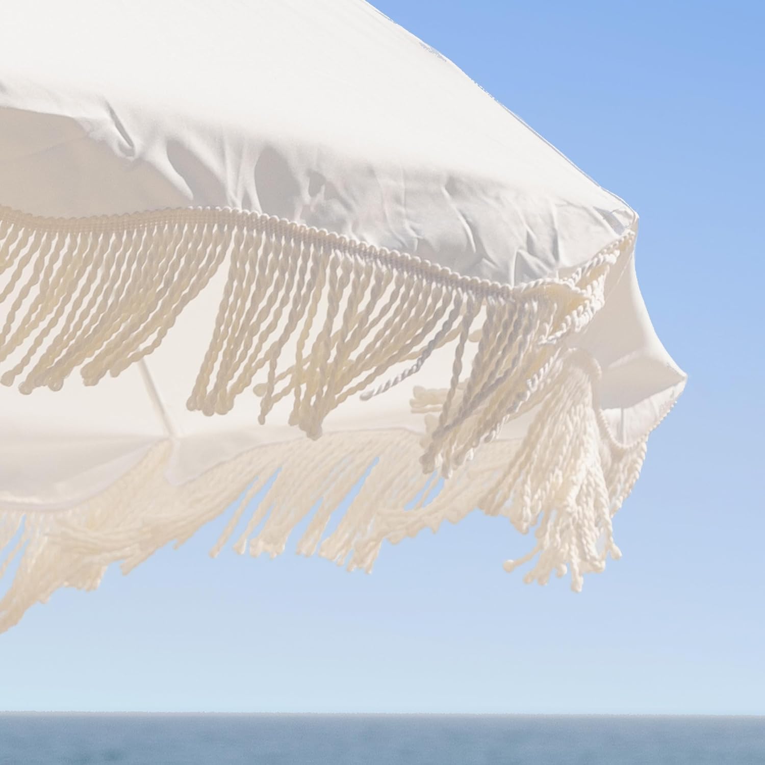 AMMSUN 6.5ft Boho Beach Umbrella with Fringe Elegant White
