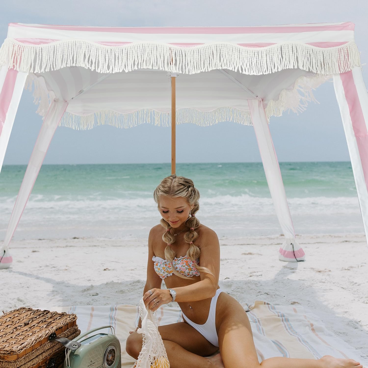 AMMSUN 6'×6' Bobo Beach Cabana with Fringe Pink Stripe