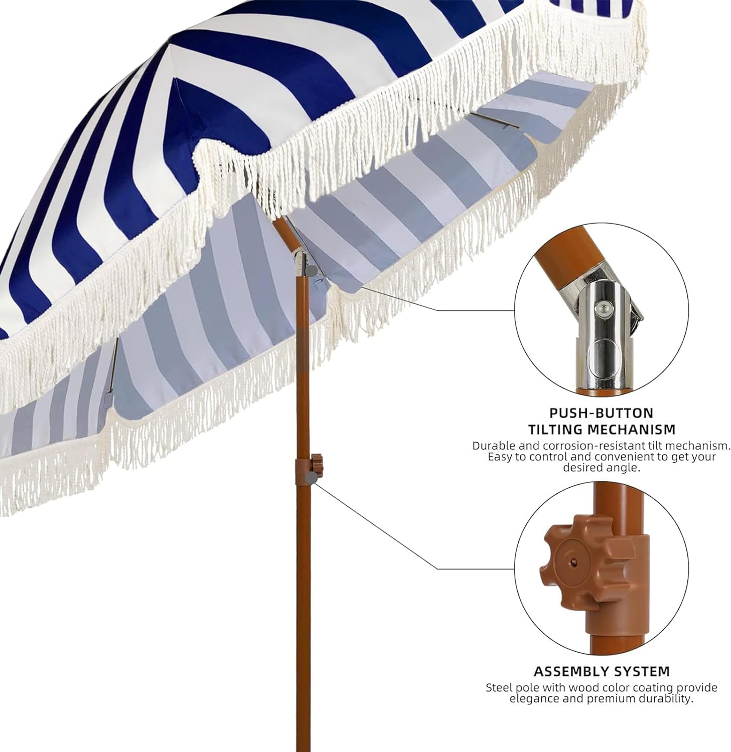 AMMSUN 7ft Patio Tassel Umbrella Blue Strips