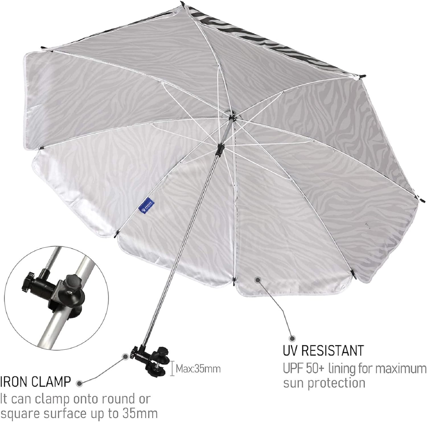AMMSUN 43 inches Chair Umbrella with Universal Clamp Zebra