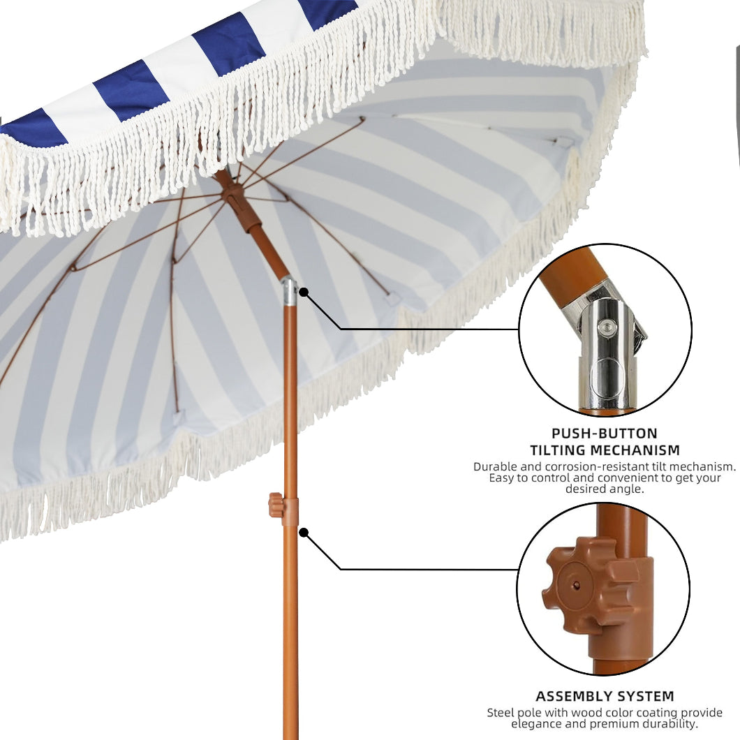AMMSUN 7ft Patio Fringe Umbrella,Blue Strips AMMSUN Beach Umbrella