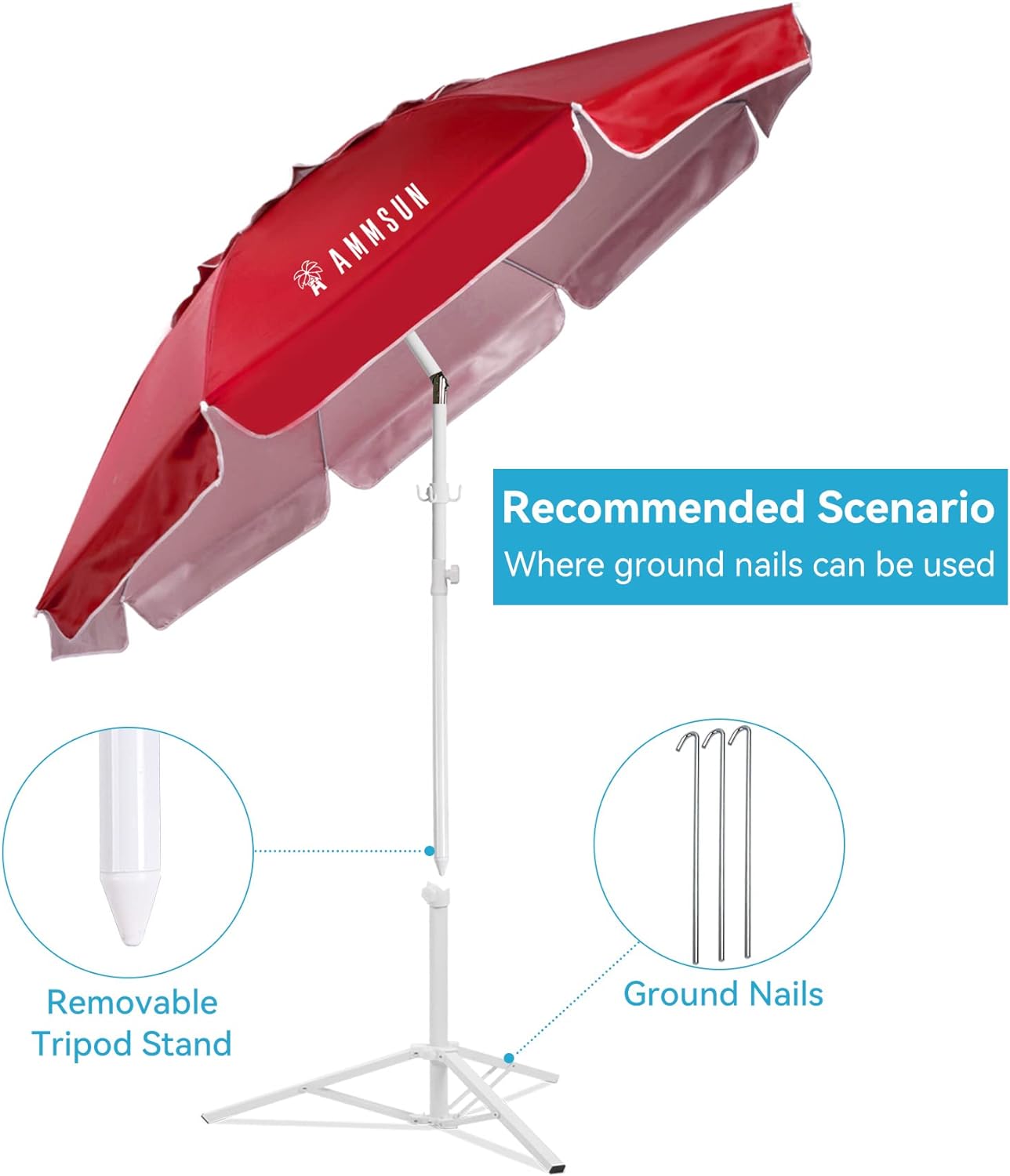 AMMSUN 6.5ft Lightweight Portable Sports Umbrella with Stand Red