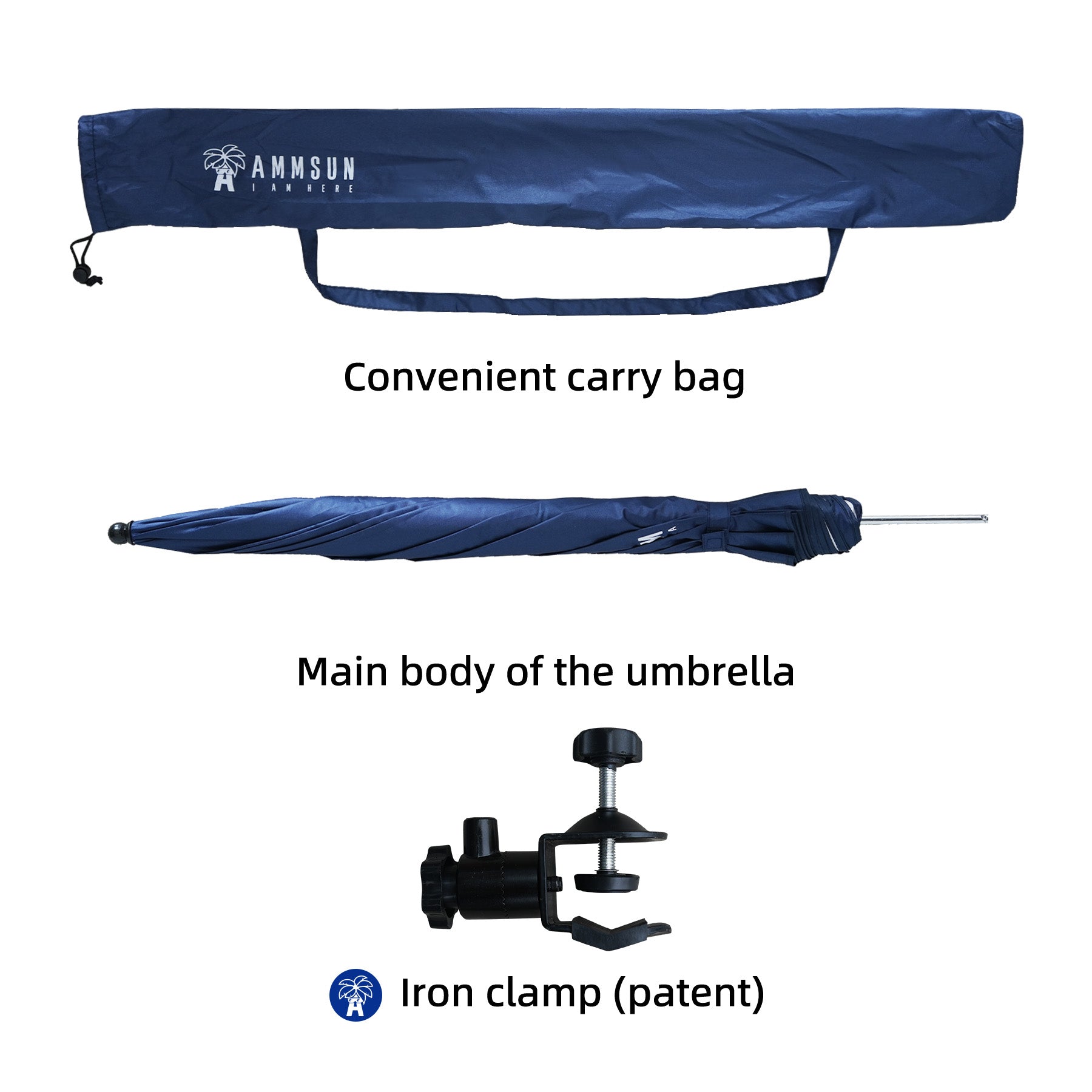 AMMSUN 52 inches XL Chair Umbrella with Universal Clamp Navy Blue