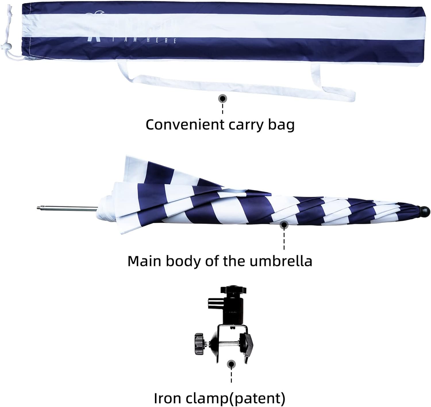 AMMSUN 43 inches Chair Umbrella with Universal Clamp Navy Stripes