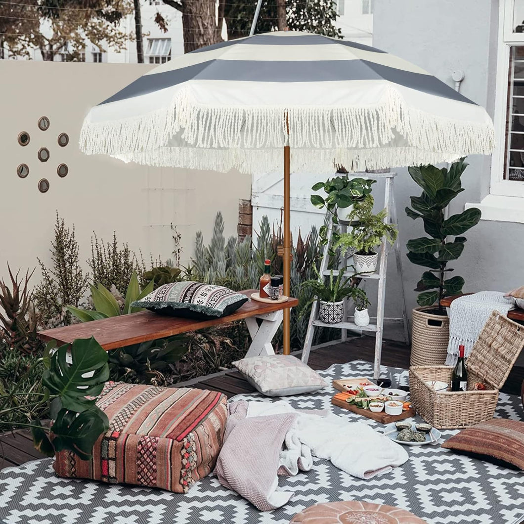 gray free standing patio umbrella AMMSUN 7ft Patio Fringe Umbrella,Gray Stripes