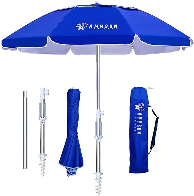 ammsun 6.5 ft outdoor patio beach umbrella sun AMMSUN 2017 1.8m Folded Beach Umbrella with Tilt Portable Cabana Silver Coating Inside UV Protection Stripe (Blue)