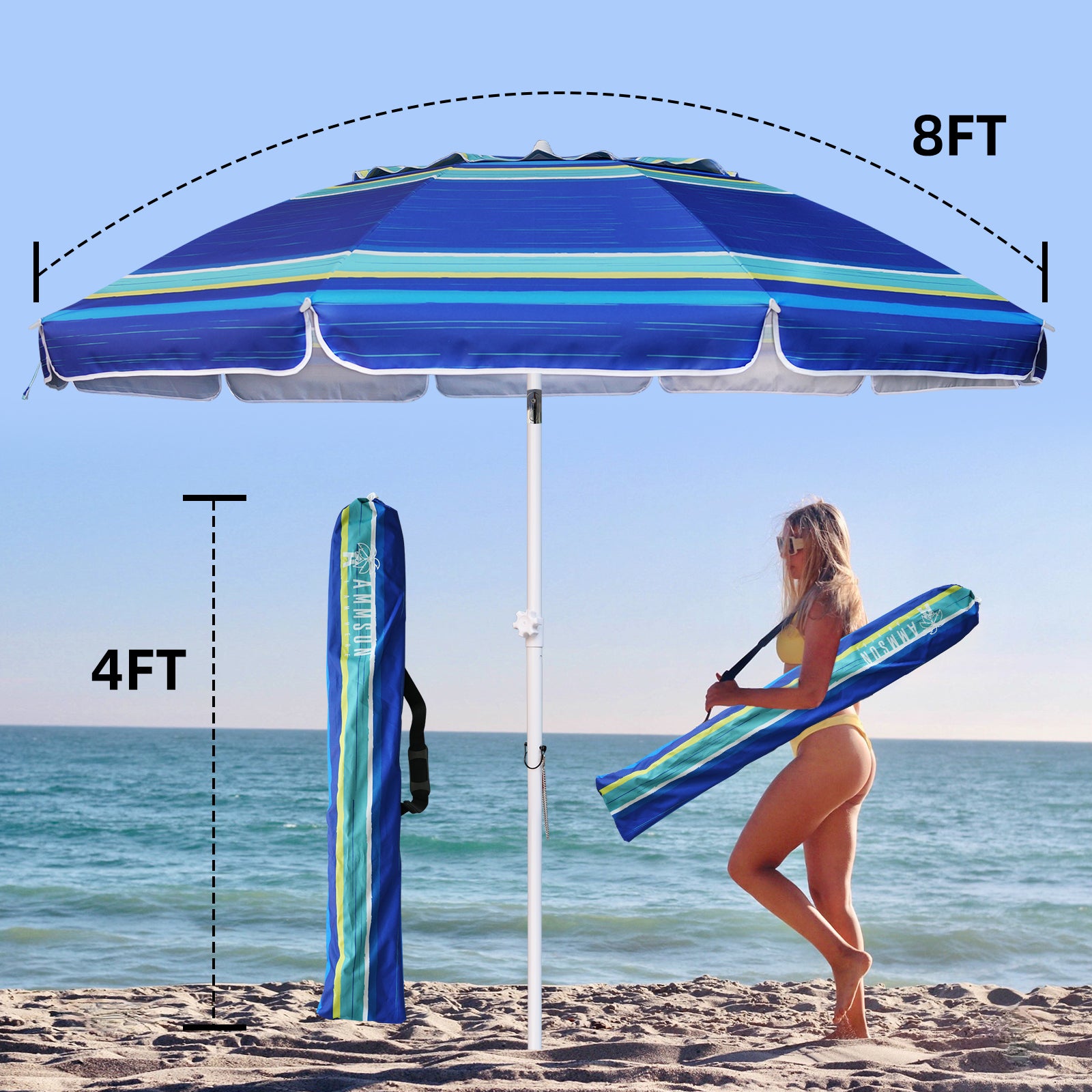 AMMSUN 8ft Large Beach Umbrella With Sand Anchor Blue Strips