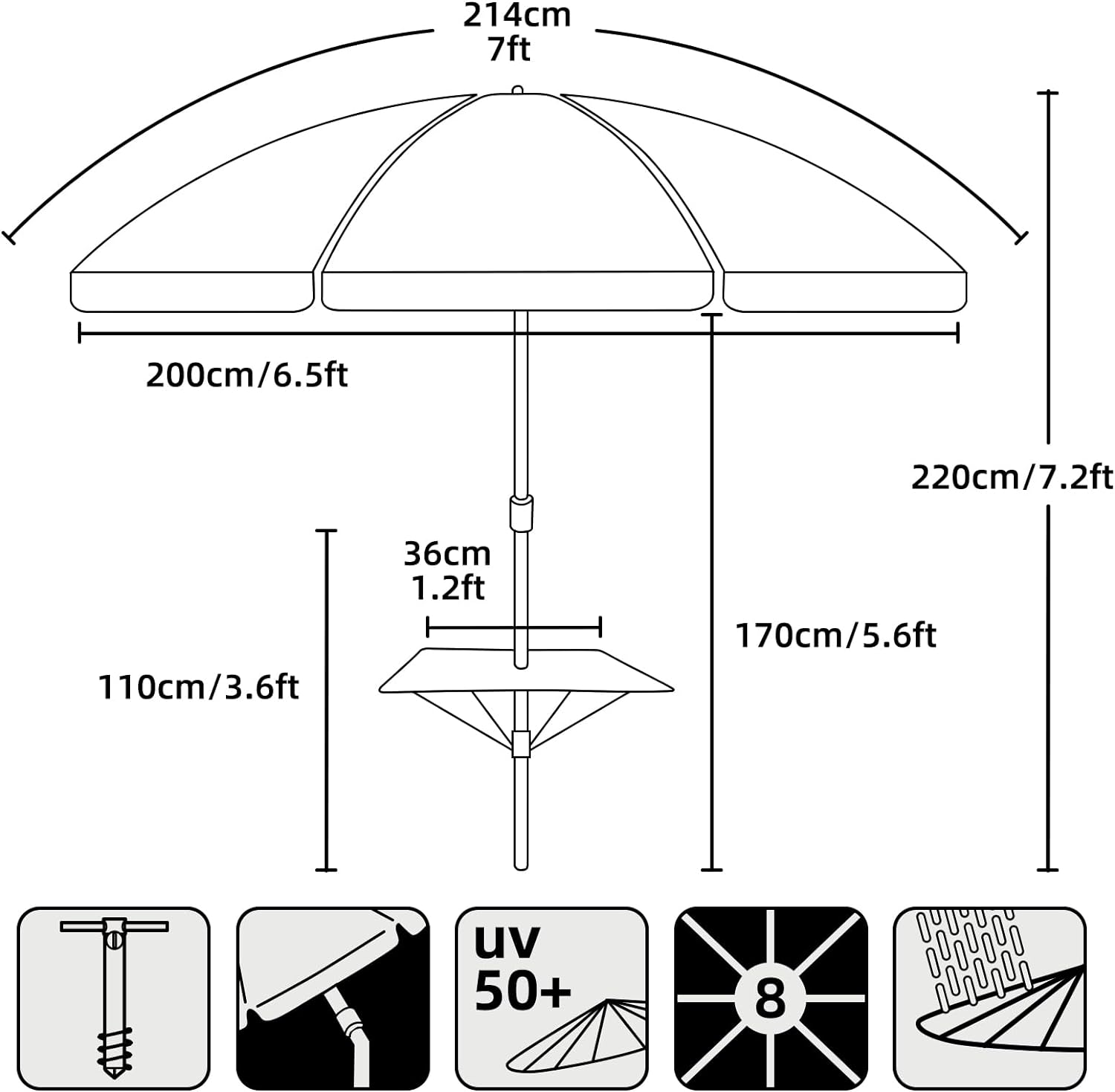 AMMSUN 7ft Beach Umbrella with sand anchor, Built-in Table Haute Stripes