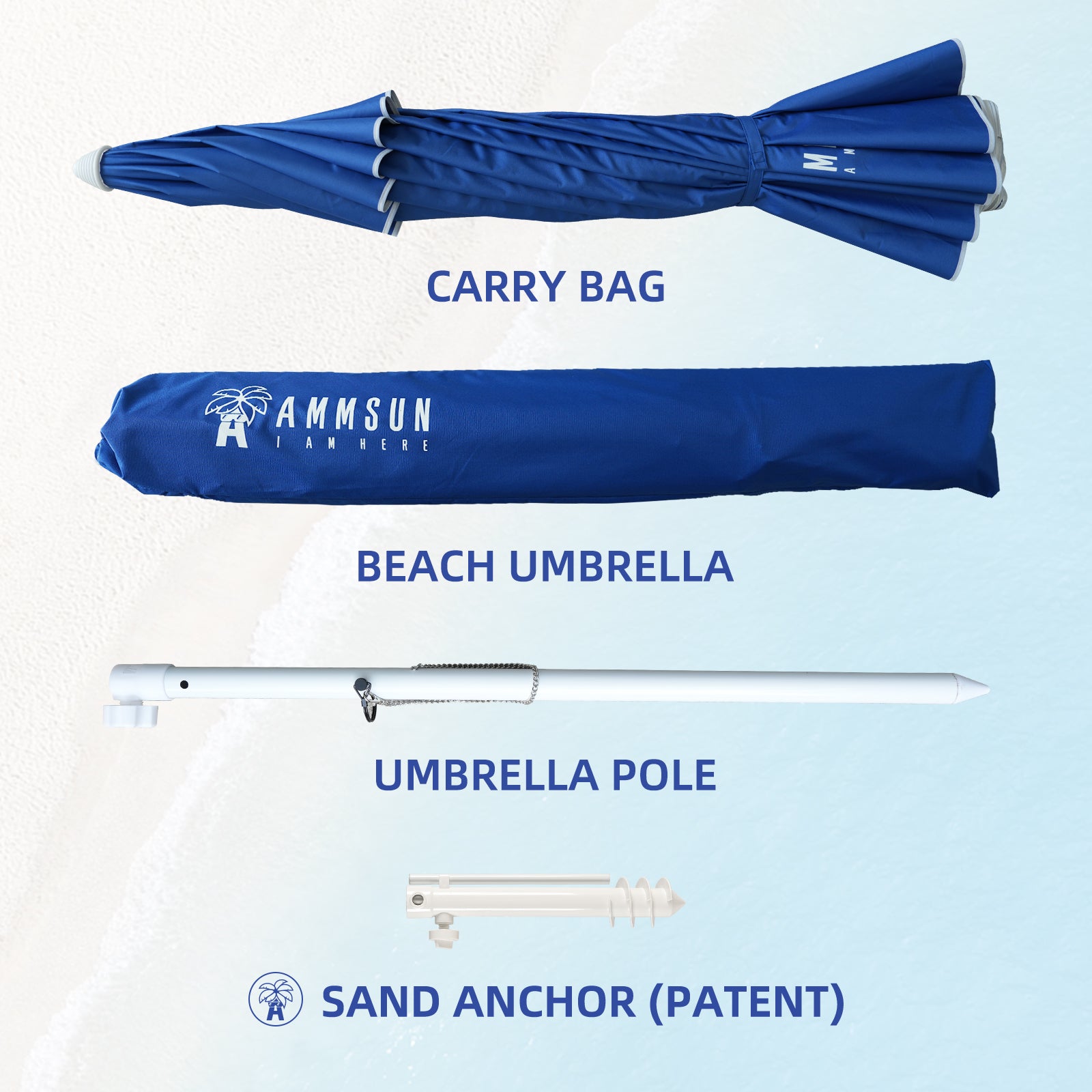 AMMSUN 8ft Large Beach Umbrella With Sand Anchor Blue