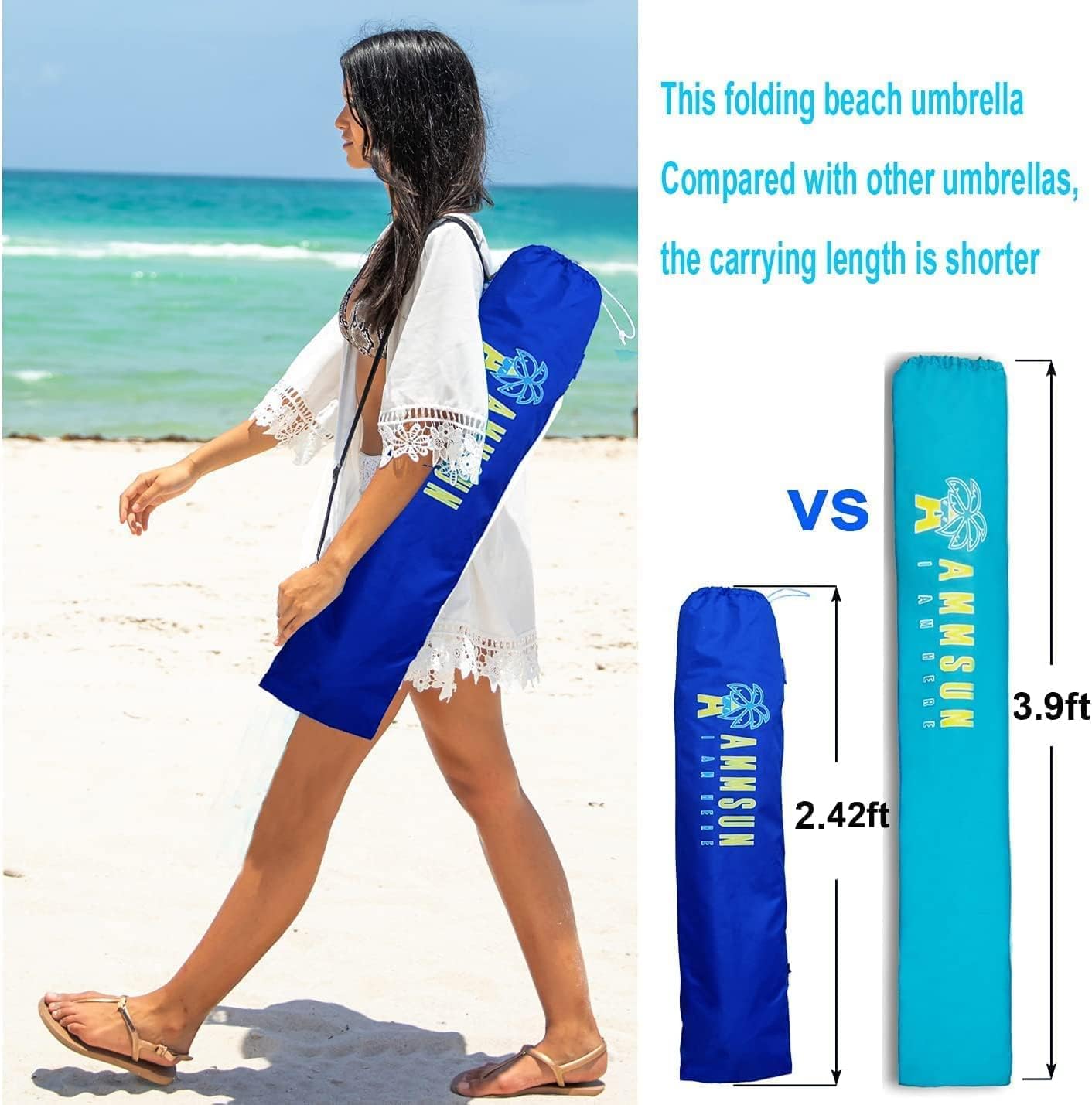 AMMSUN 6.5ft Portable Travel Folded Beach Umbrella Blue