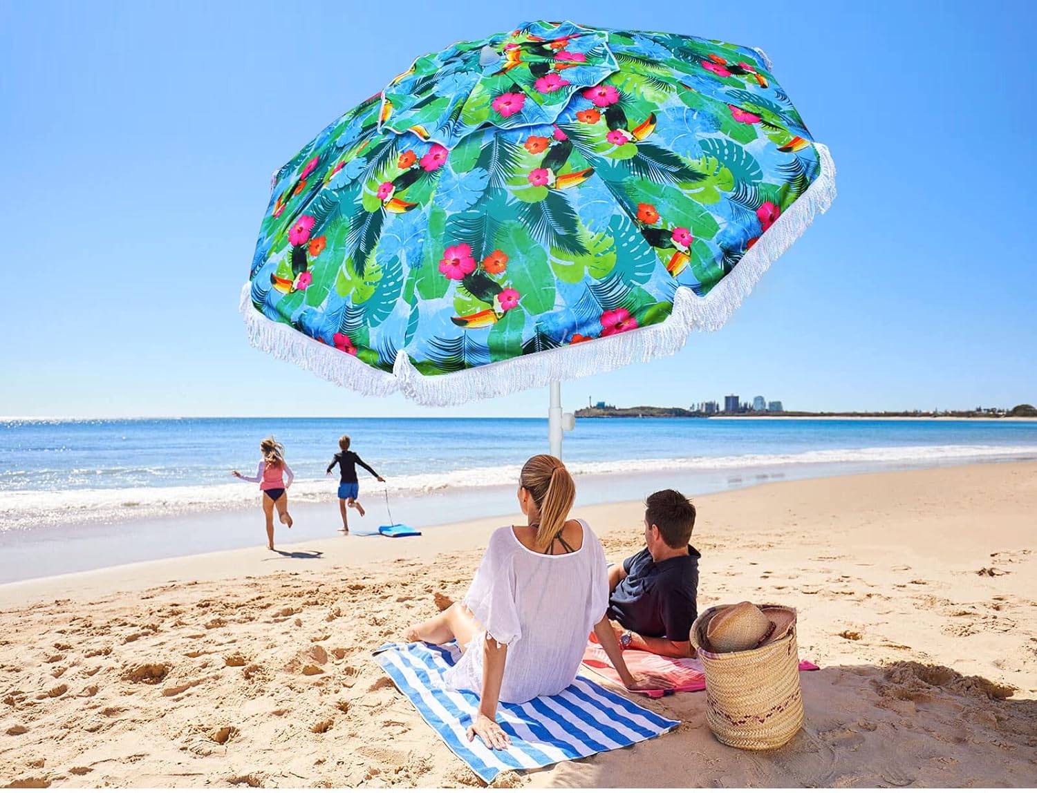 AMMSUN 6.5ft Heavy Duty HIGH Wind fringe Beach Umbrella