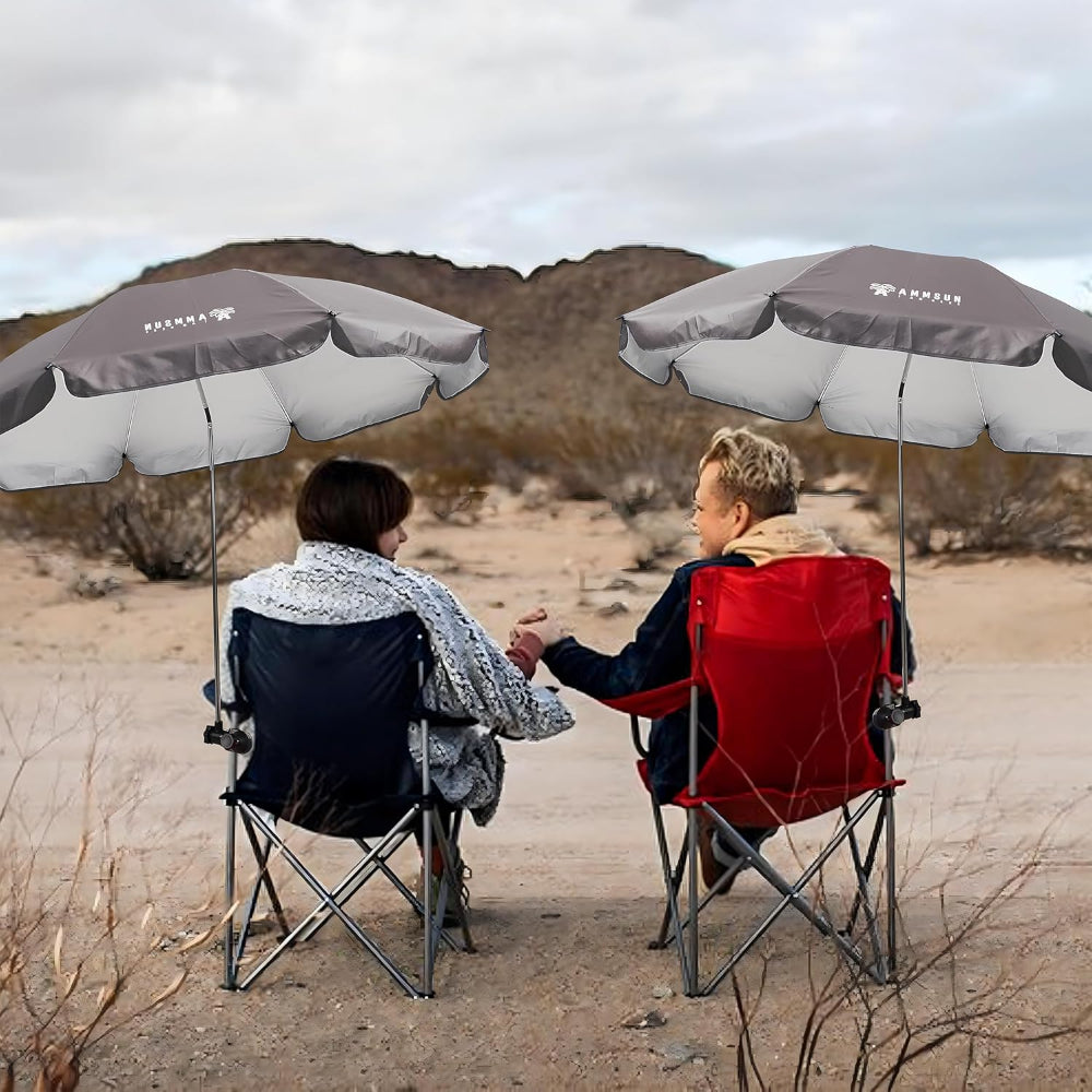 Two people sitting in chairs with AMMSUN grey chair umbrellas with clamps for outdoor, camping umbrella