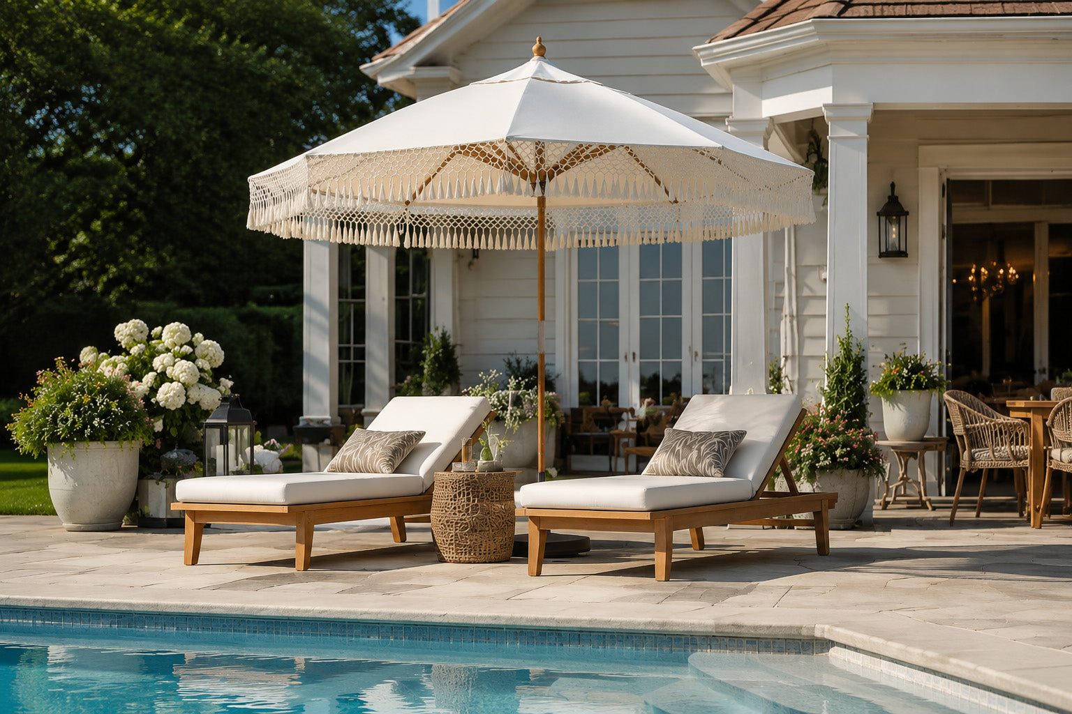 AN 8.5FT FRINGE PATIO UMBRELLA—AND THE KIND OF BACKYARD IT NATURALLY BELONGS IN