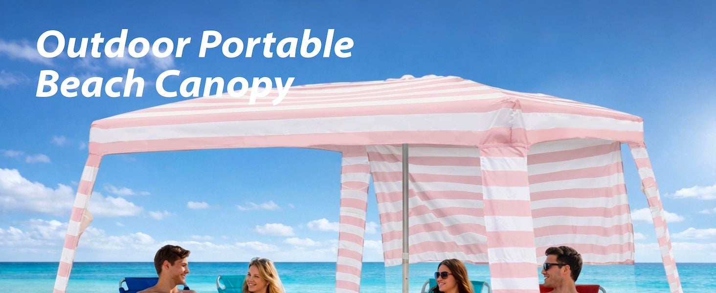 4 people sitting under an AMMSUN 8'x8' pink stripes portable beach tents for family cabana with privacy sunwall