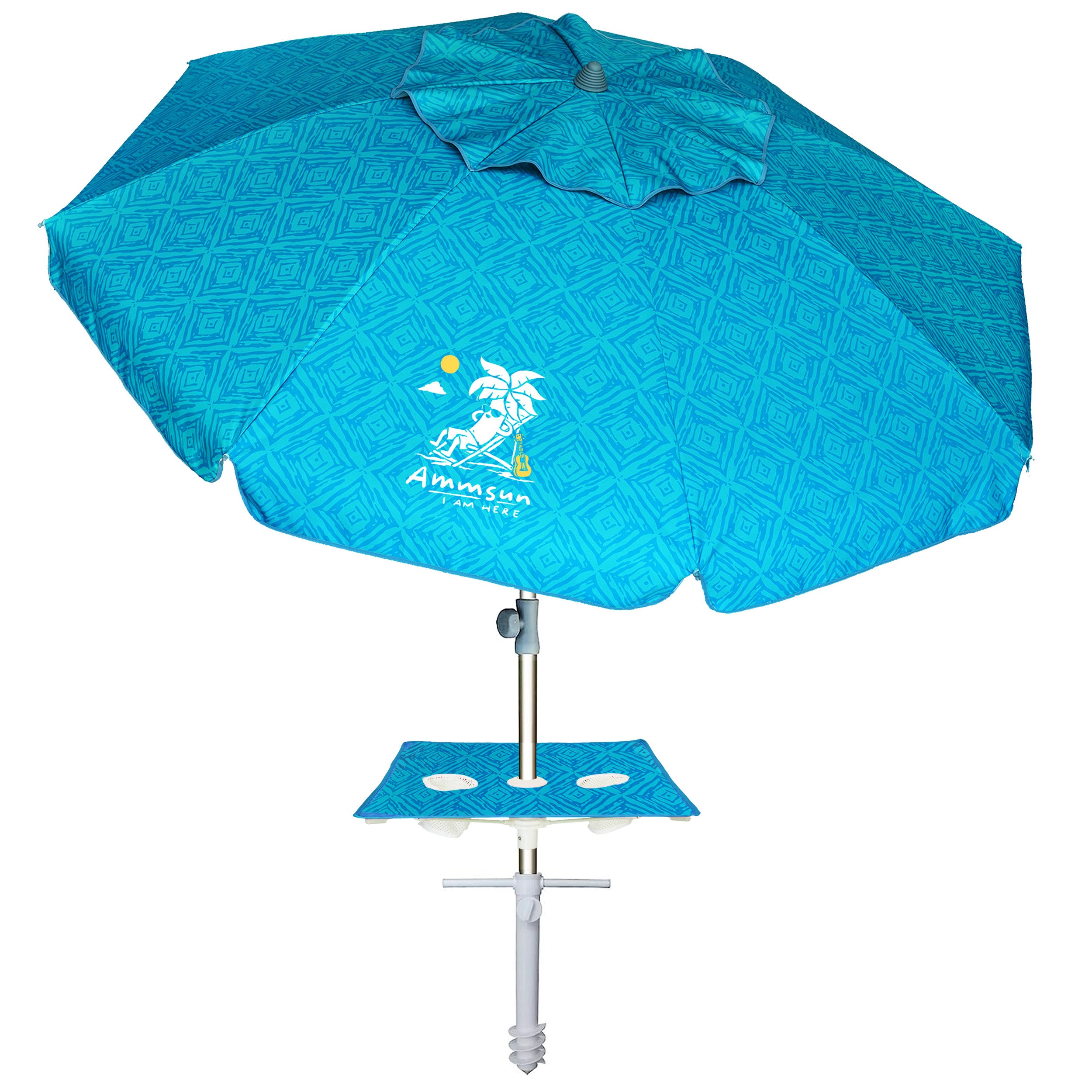 AMMSUN Beach Umbrella with Sand Anchor & Table Tray Sky Blue Paint