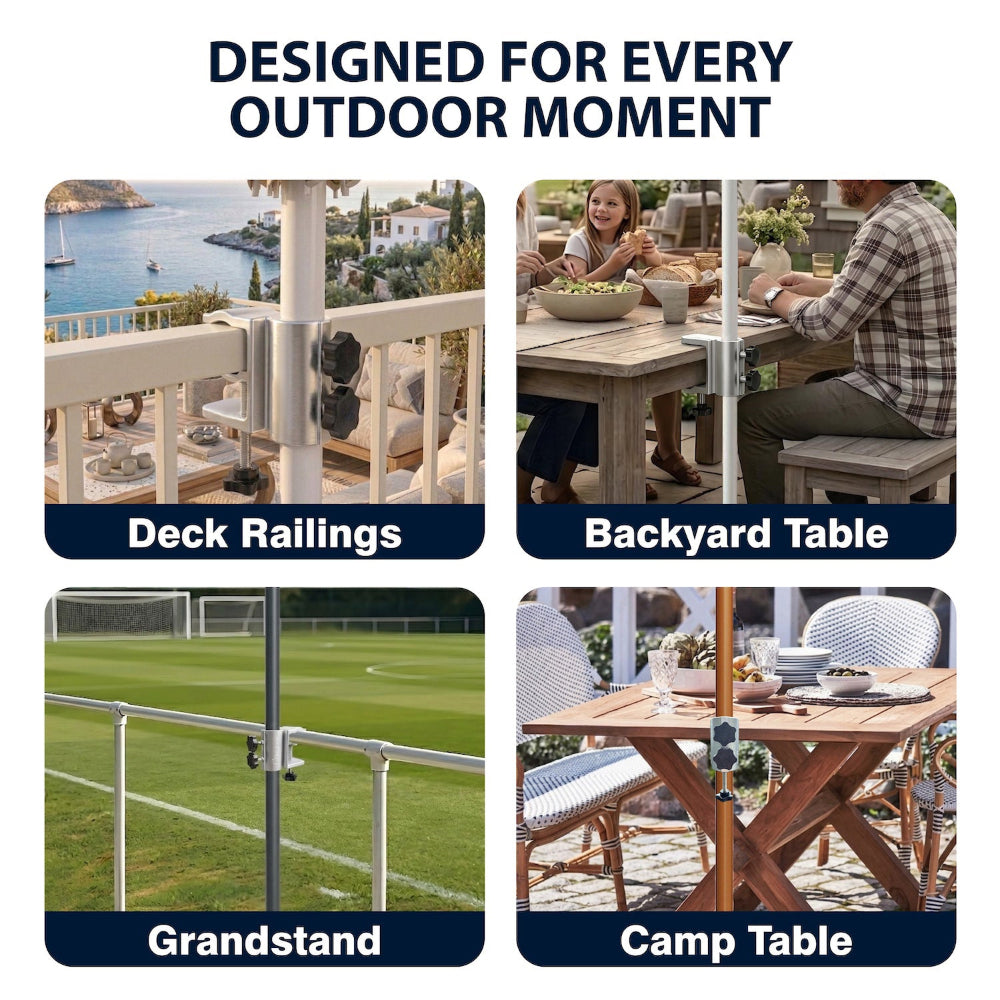 AMMSUN beach umbrella table attachment for chair umbrella clamp fits for deck railings, table, grandstand and camp table