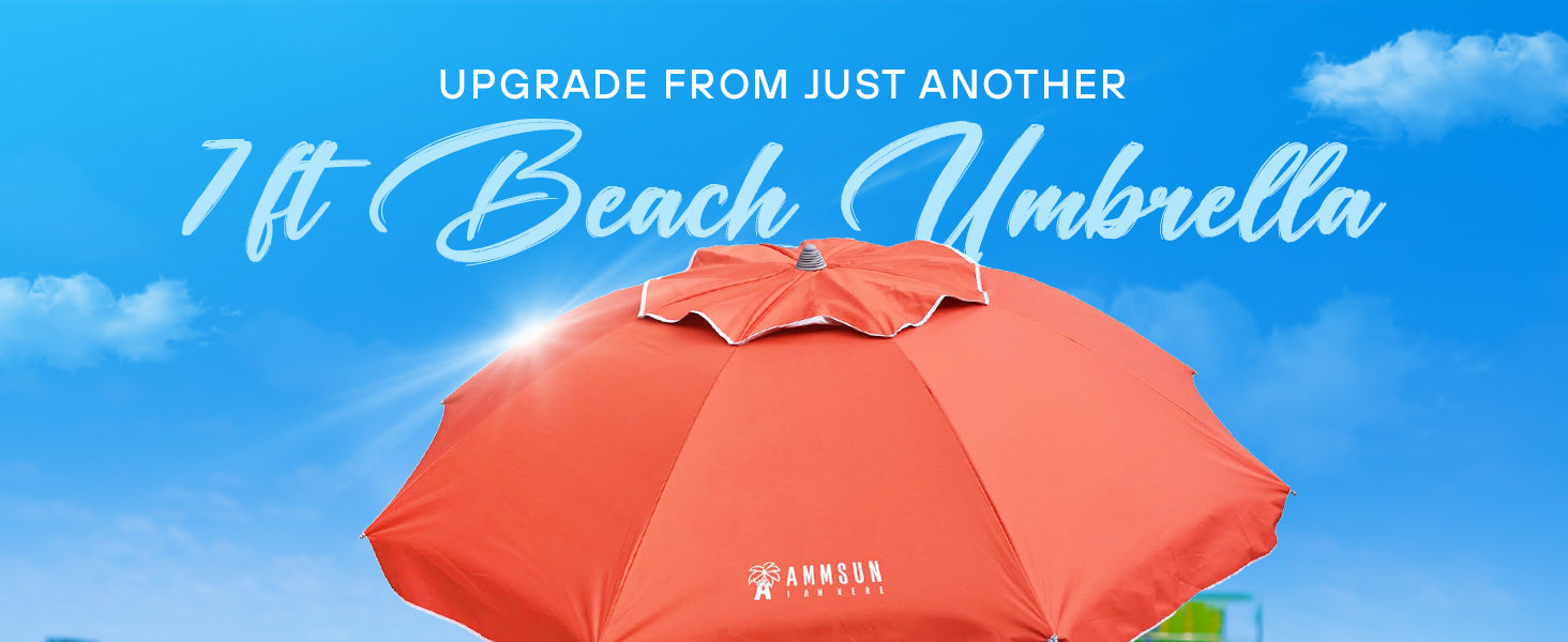 A woman enjoying the beach under an AMMSUN solid red 7ft portable beach umbrella with built-in table and sand anchor.