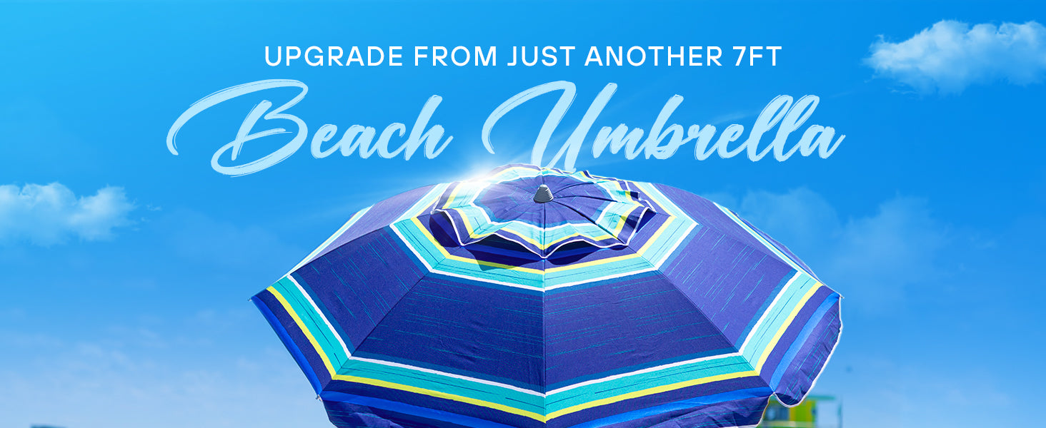 AMMSUN 7ft blue stripes  beach umbrellas for sand heavy duty wind portable with table tray