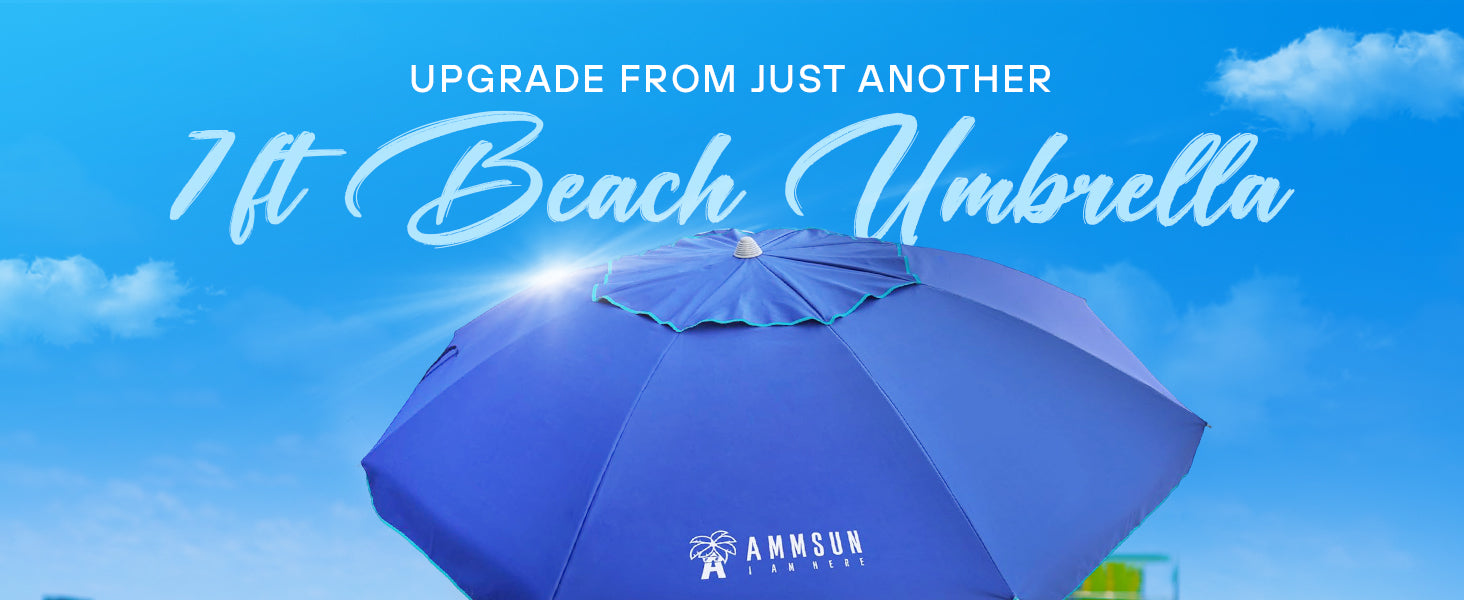 A woman relaxes on the beach, seated under AMMSUN 7ft blue heavy duty umbrella with built-in table and sand anchor