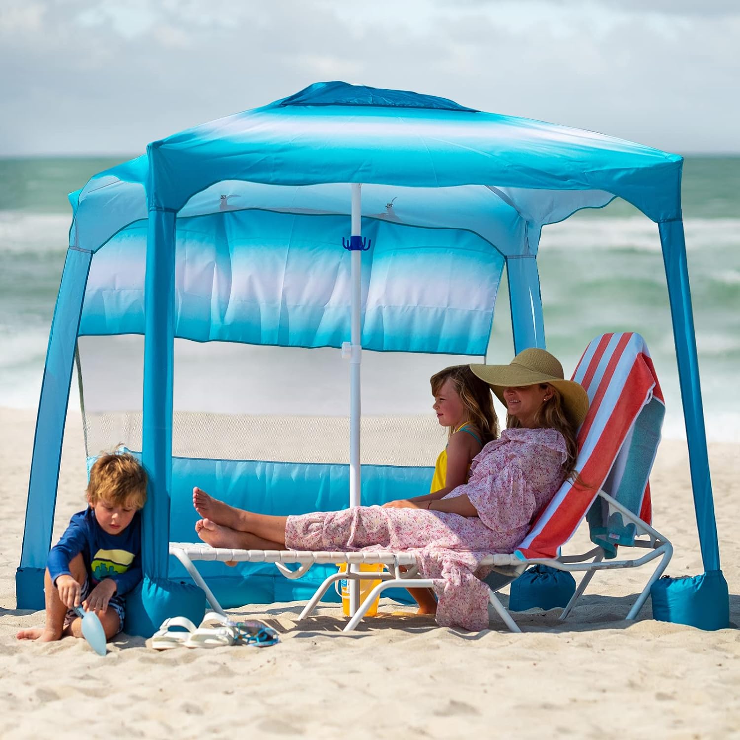 AMMSUN 6.2'×6.2' Beach Cabana With Privacy Sunwall Gradient Blue
